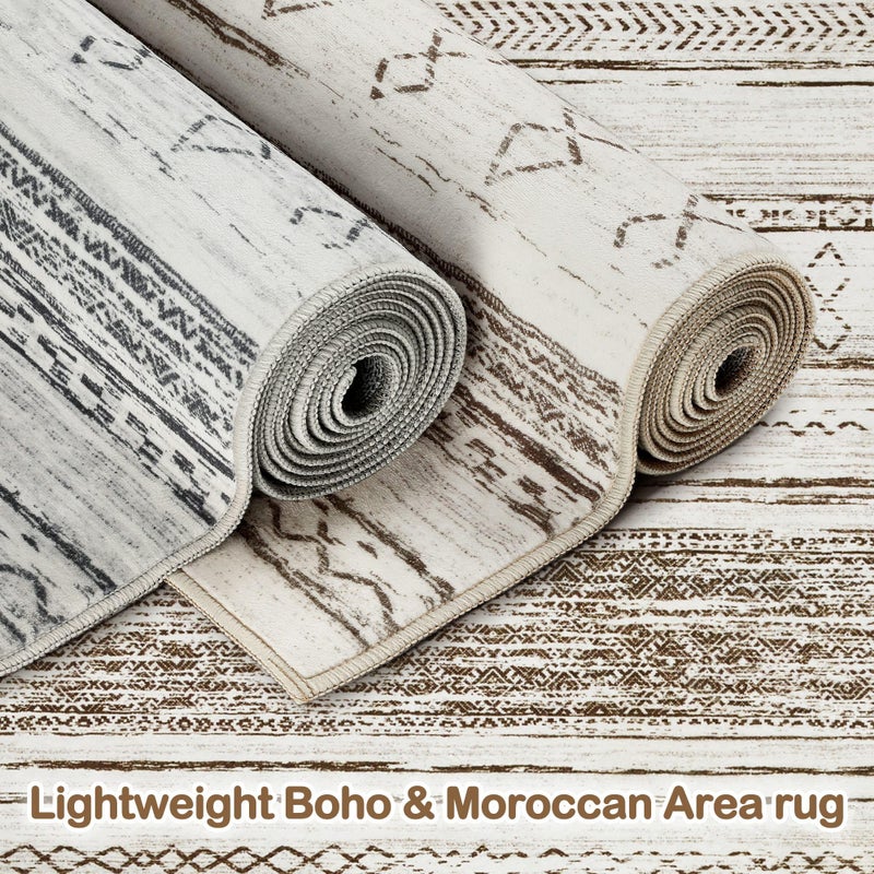 Tortania Area Rug Living Room Rugs - 5x7 Washable Large Soft Neutral Boho Moroccan Bohemian Farmhouse Rug Indoor Floor Carpet for Bedroom Under Dining Table Home Office Decor - Cream Brown - Image 2